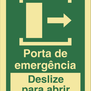 Sinalética Porta de Emergência. Deslize para Abrir (Direita) – E0424